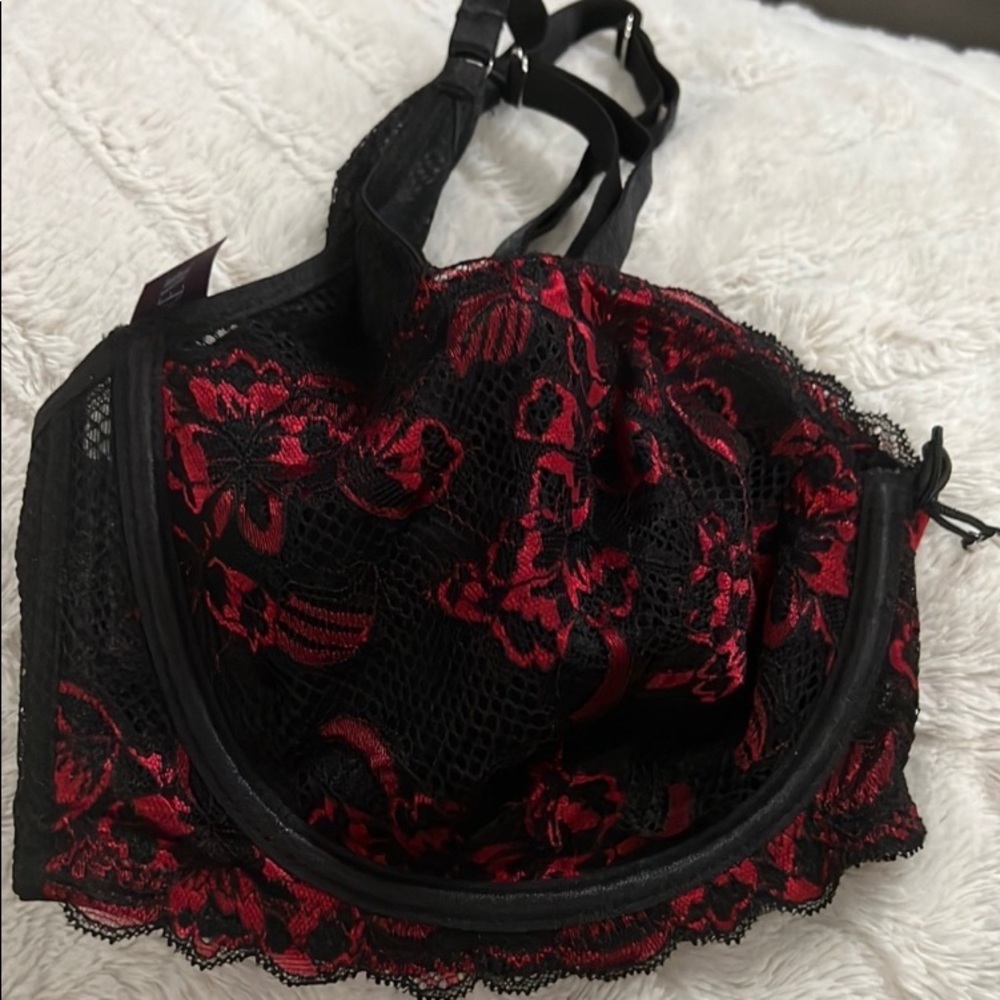 Red and black lace bra